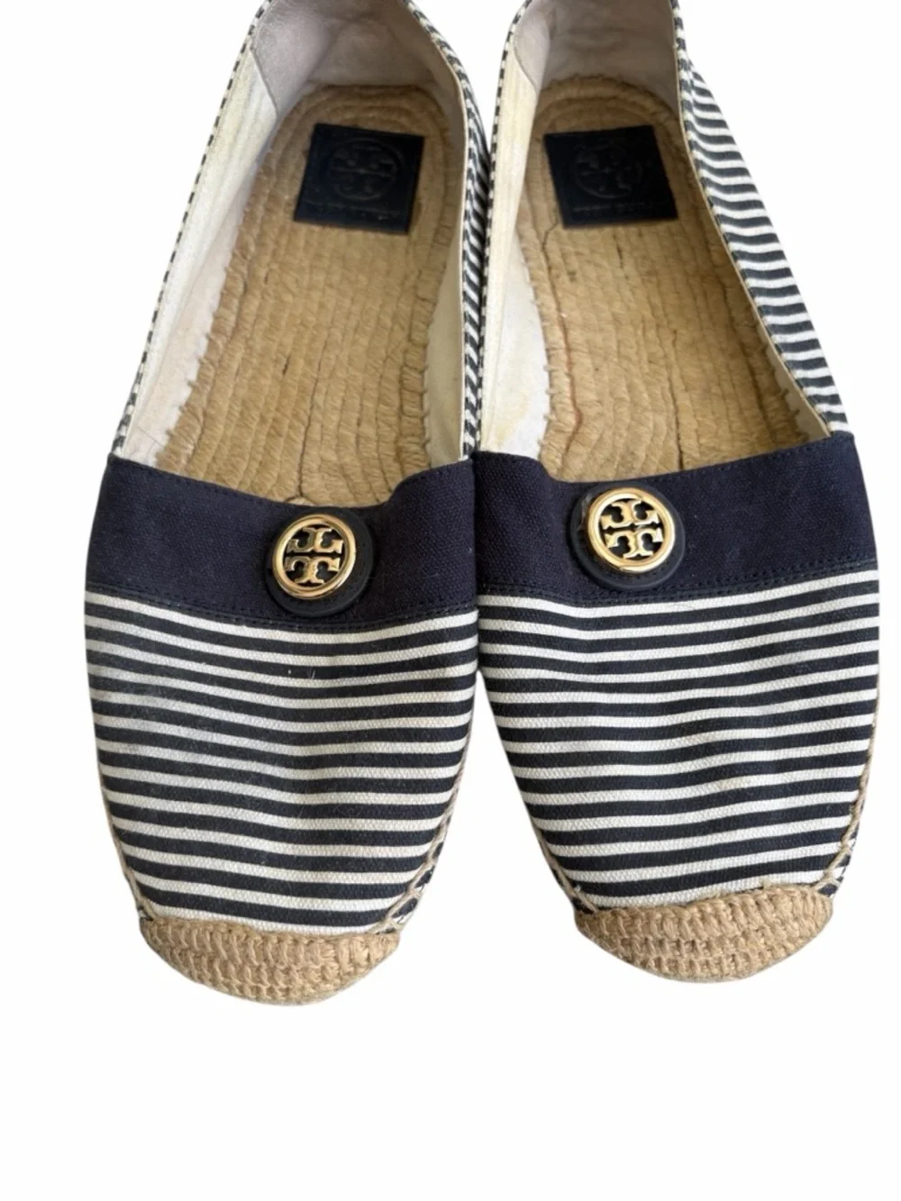Tory Burch navy / white stripe espadrilles with gold logo